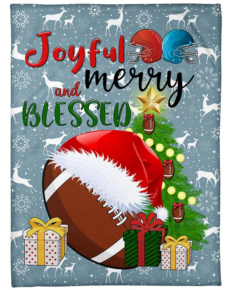 Football Joyful And Blessed Blanket, football santa hat christmas tree blankets, Christmas blankets, football mom, gifts for son