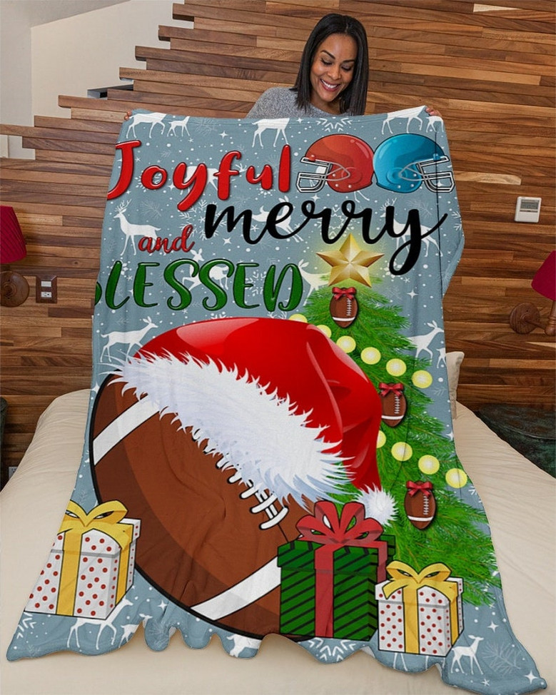 Football Joyful And Blessed Blanket, football santa hat christmas tree blankets, Christmas blankets, football mom, gifts for son