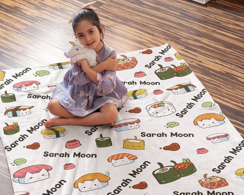 Cat Sushi Blanket, Custom Name Blanket, Personalized Blanket, Gift for Birthday, Blanket for New Baby, Girlfriend, Food Lover, Cat Lover