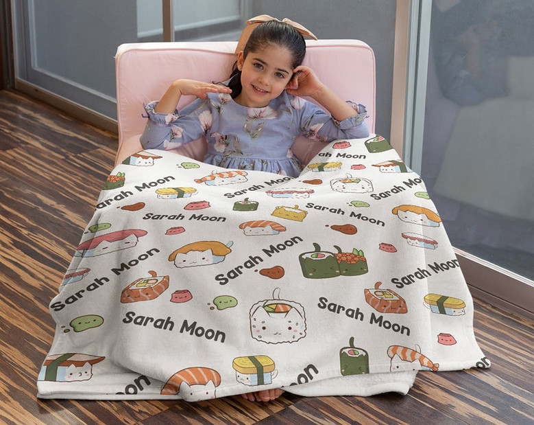 Cat Sushi Blanket, Custom Name Blanket, Personalized Blanket, Gift for Birthday, Blanket for New Baby, Girlfriend, Food Lover, Cat Lover