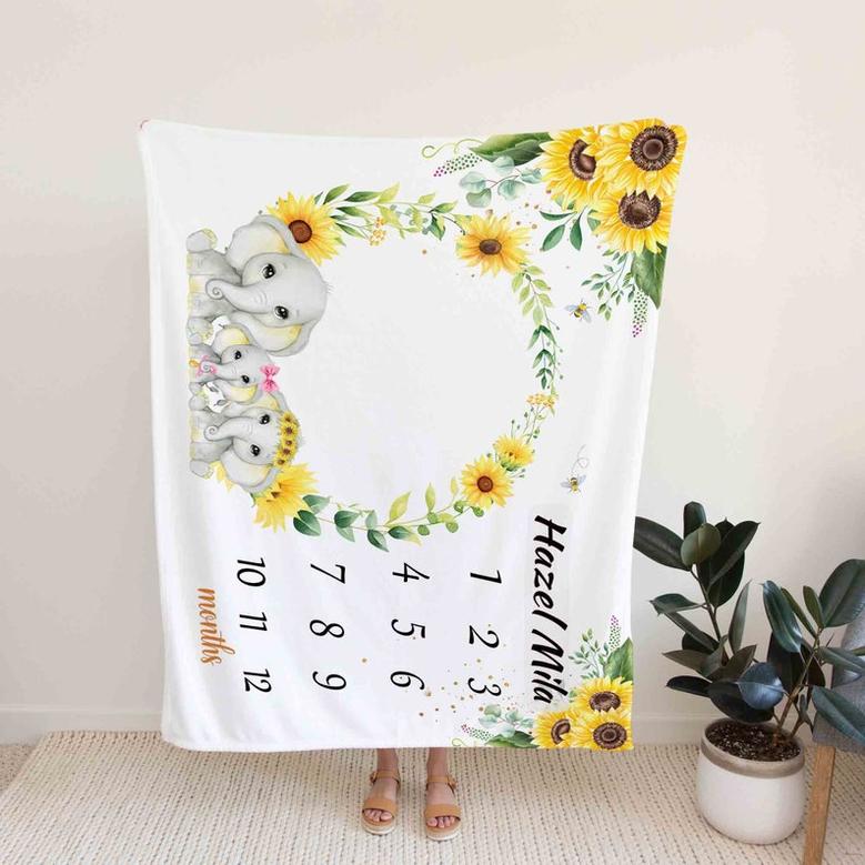 Elephant Baby Milestone Blanket, Personalized Monthly Baby Blanket, Sunflower Nursery Theme, Custom Name Blanket For Baby, Christmas Blanket