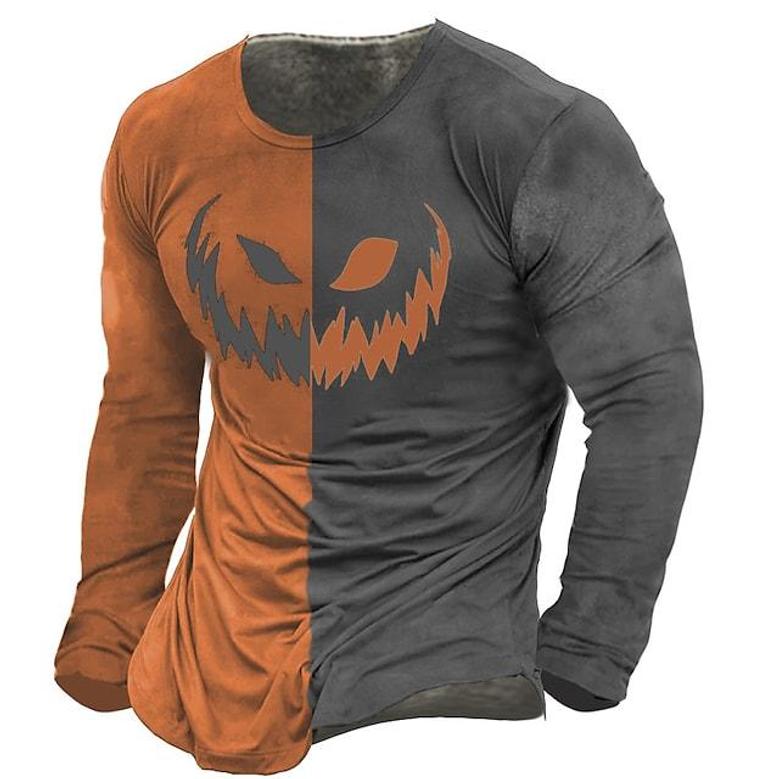 Men's Unisex T Shirt Tee Color Block Pumpkin Graphic Prints Crew Neck Orange Long Sleeve 3d Print Outdoor Halloween Print Tops Basic Vintage Sports Designer
