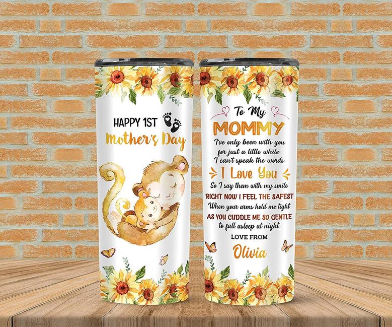 Mothers Day Gifts For Mom From Daughter, Son - 1st Mother Day Tumbler - Cute Birthday Gifts For Funny Best Mom Mama - Insulated 20oz Skinny Tumbler - Personalized To My Mommy Cute Monkey Animal Cup