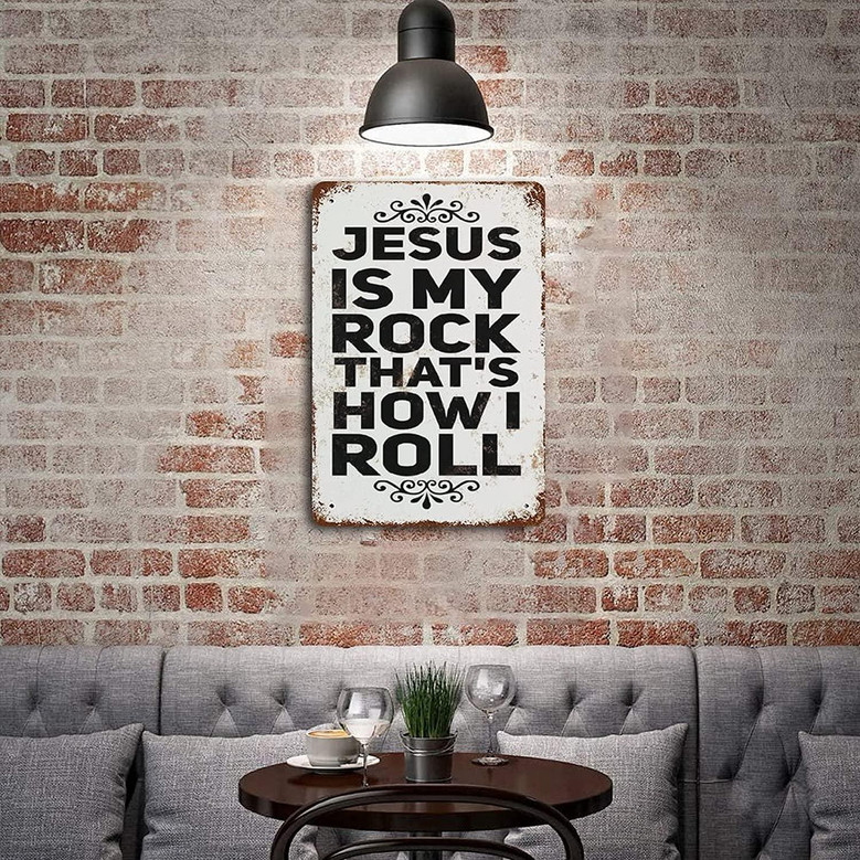 Jesus Is My Rock That's How I Roll Metal Sign Christian Faith Metal Tin Sign Vintage Aluminum Sign Retro Plaque Wall Art Decor For Kitchen Bar Home Accessories