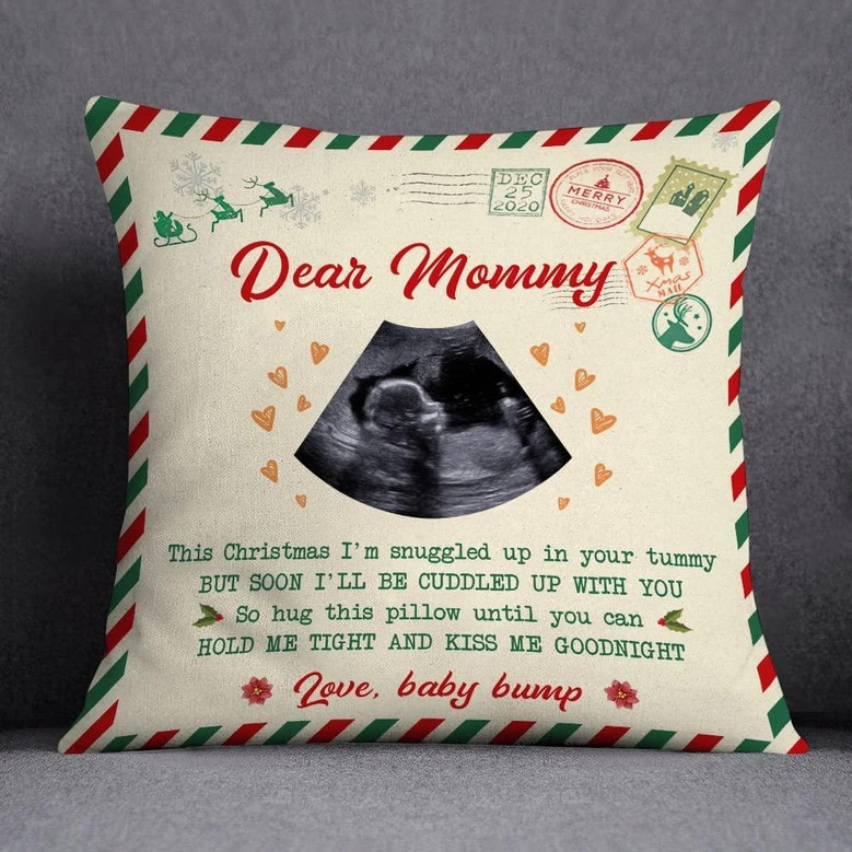 Personalized Christmas Pillow For Mommy To Be From Baby Bump Custom Name Postcode Ultrasound Sonogram Pillow Vintage Letter Throw Pillow Gifts For New Mother Xmas Birthday Anniversary