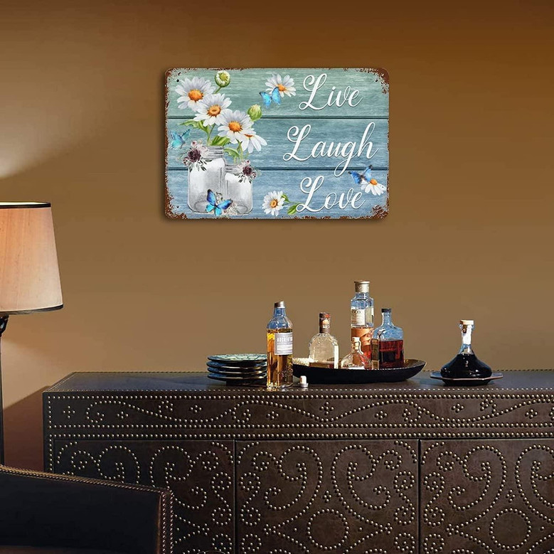 Live Laugh Love Sign Retro Funny Home Decor Tin Sign, Vintage Quotes Wall Decor, Daisy Vase And Butterfly Tin Metal Wall Art Signs, Vintage Metal Bar Pub Poster