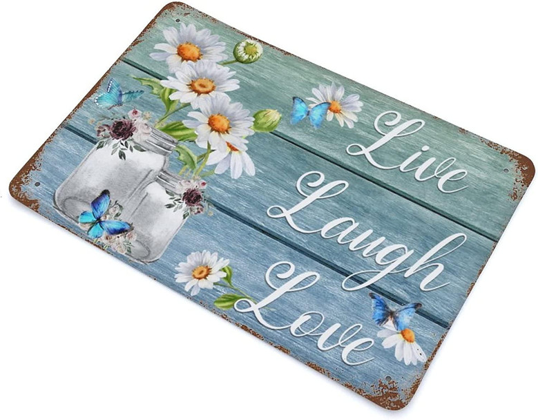 Live Laugh Love Sign Retro Funny Home Decor Tin Sign, Vintage Quotes Wall Decor, Daisy Vase And Butterfly Tin Metal Wall Art Signs, Vintage Metal Bar Pub Poster