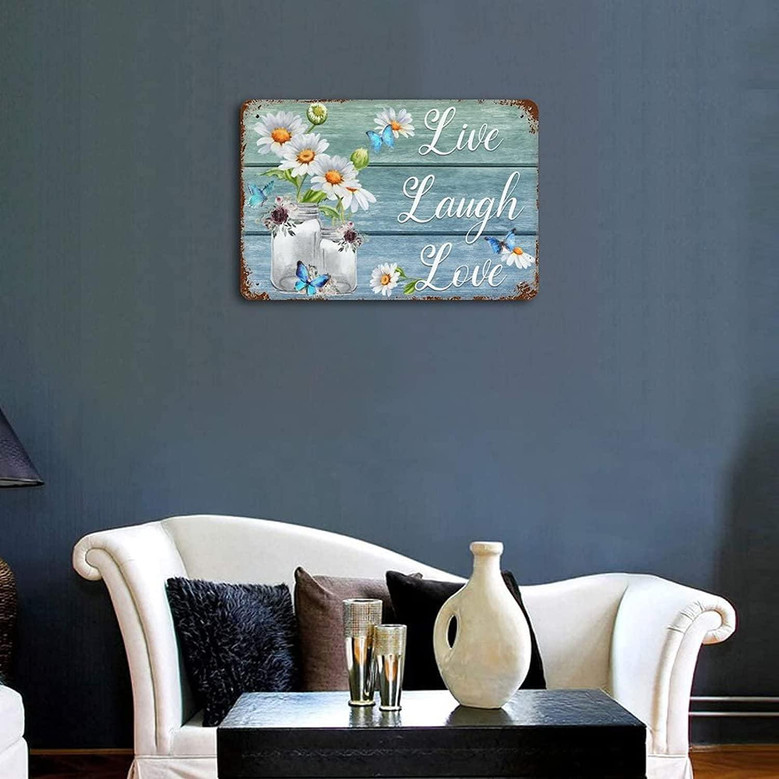 Live Laugh Love Sign Retro Funny Home Decor Tin Sign, Vintage Quotes Wall Decor, Daisy Vase And Butterfly Tin Metal Wall Art Signs, Vintage Metal Bar Pub Poster