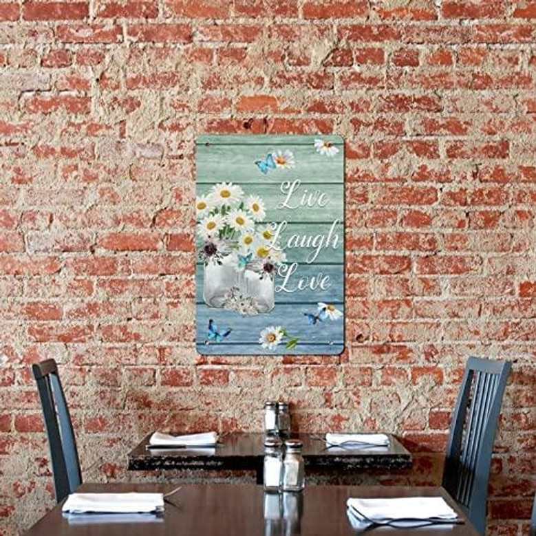 Vintage Daisy Vase Poster Metal Sign Live Laugh Love Sign Retro Wood Grain Plaque Wall Decor Gift For Home Kitchen Office Club Bar Gym