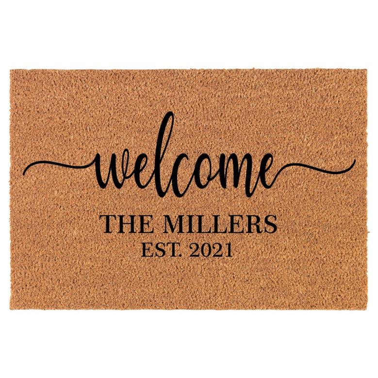 Welcome Family Name Est Custom Personalized Coir Doormat Welcome Front Door Mat New Home Closing Housewarming Gift