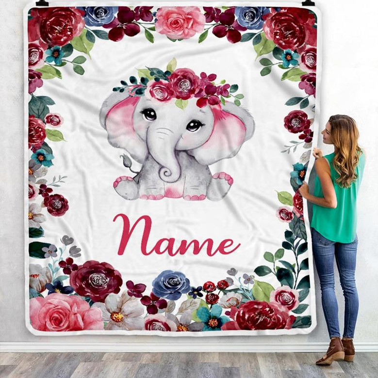 Personalized Baby Blanket With Custom Name Baby Girls Elephant For Newborns Nursery Daughter Granddaughter Niece Birthday Christmas Customized Fleece Blanket