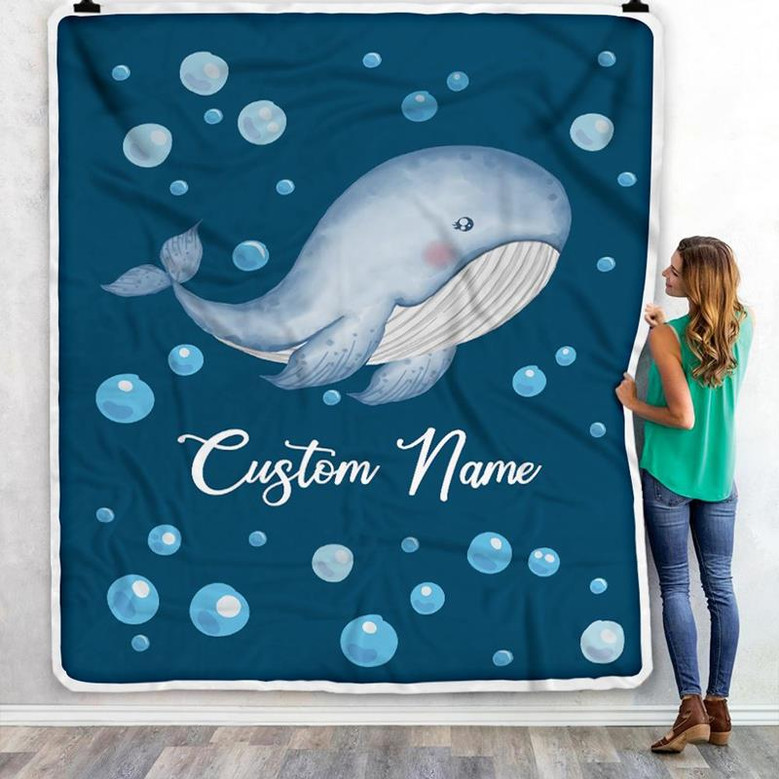 Personalized Baby Blanket With Custom Name Ocean Blue Whale Newborn Son Daughter Niece Nephew Grandson Granddaughter Birthday Christmas Bed Fleece Blanket
