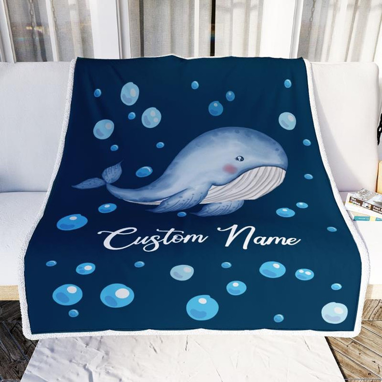 Personalized Baby Blanket With Custom Name Ocean Blue Whale Newborn Son Daughter Niece Nephew Grandson Granddaughter Birthday Christmas Bed Fleece Blanket
