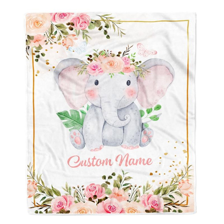 Personalized Baby Blanket With Name Custom Cute Elephant Flower Newborn Baby Girl Children Kids Daughter Granddaughter Niece Birthday Christmas Fleece Blanket