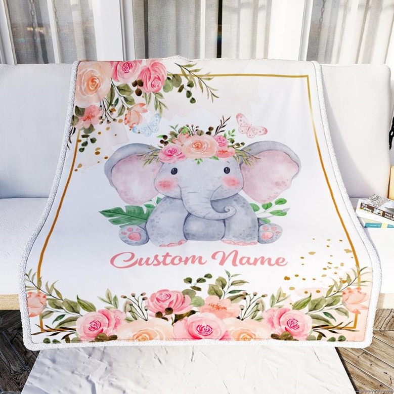 Personalized Baby Blanket With Name Custom Cute Elephant Flower Newborn Baby Girl Children Kids Daughter Granddaughter Niece Birthday Christmas Fleece Blanket