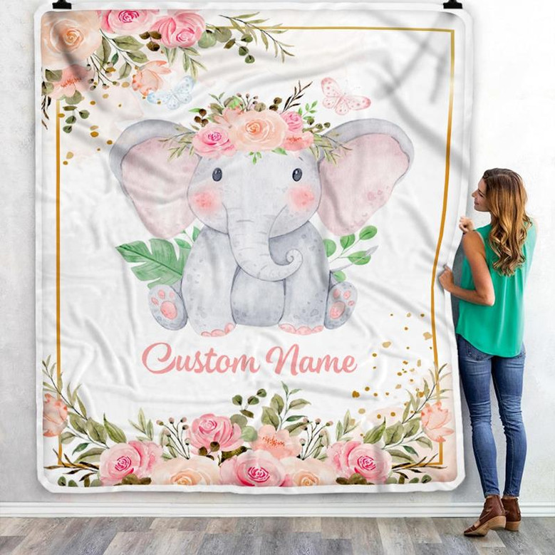 Personalized Baby Blanket With Name Custom Cute Elephant Flower Newborn Baby Girl Children Kids Daughter Granddaughter Niece Birthday Christmas Fleece Blanket