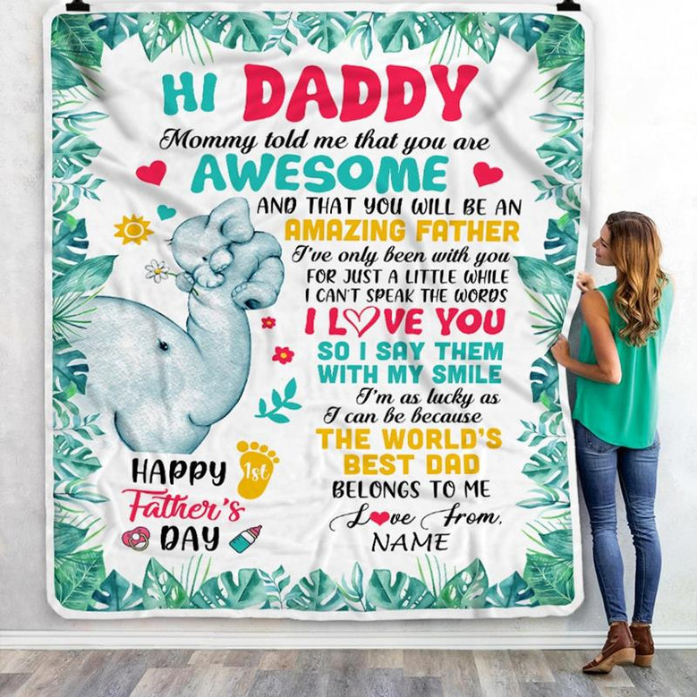 Personalized To My Daddy First Time Dad Elephant 1St Happy Fathers Day New Father Custom Baby's Name To Father Customized Fleece Blanket