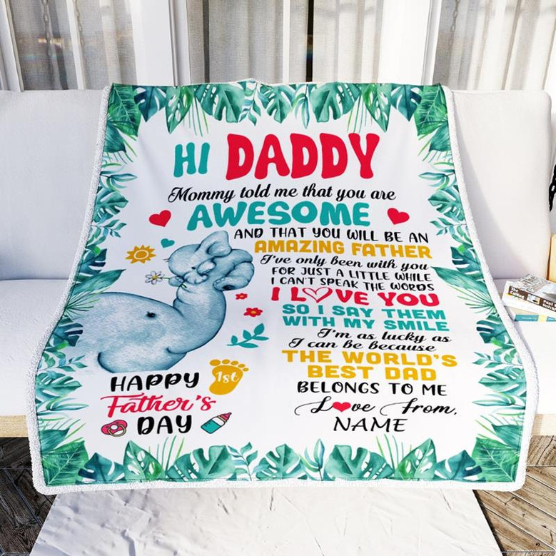 Personalized To My Daddy First Time Dad Elephant 1St Happy Fathers Day New Father Custom Baby's Name To Father Customized Fleece Blanket