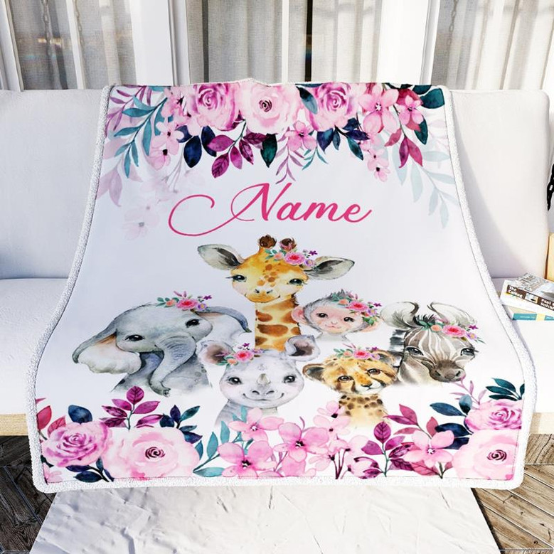 Personalized Safari Baby Blanket Elephant Giraffe Sloth Custom Name Girls Newborn Daughter Granddaughter Niece Birthday Customized Christmas Fleece Blanket
