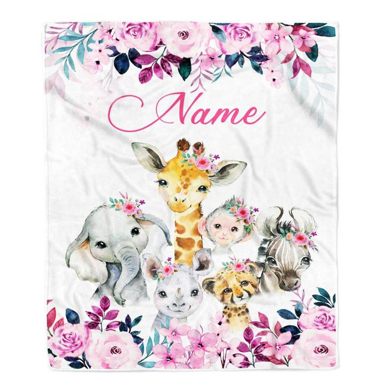Personalized Safari Baby Blanket Elephant Giraffe Sloth Custom Name Girls Newborn Daughter Granddaughter Niece Birthday Customized Christmas Fleece Blanket