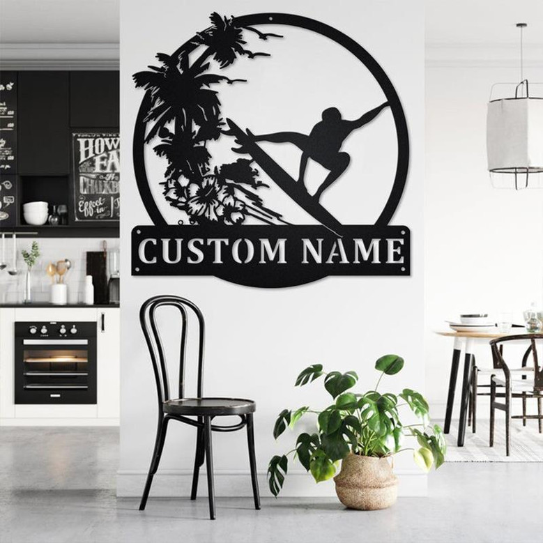 Custom Surfing Sunset Metal Wall Art, Personalized Surfer Name Sign Decoration For Room, Surfing Metal Home Decor, Custom Surfing Sunset