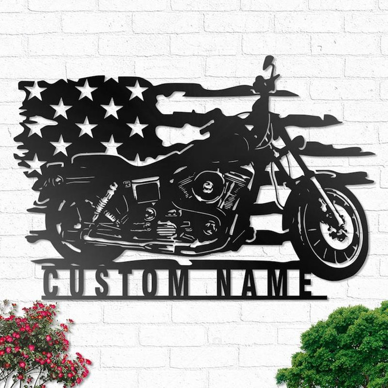 Custom US Motorcycle Metal Wall Art, Personalized Motorcycle Garage Name Sign Decoration For Living Room US Biker Home Decor