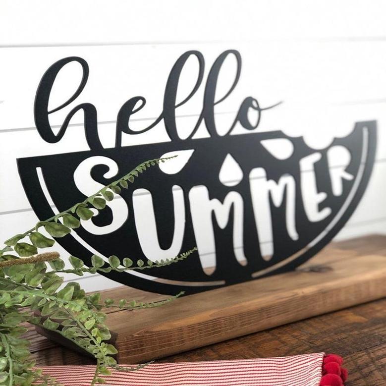 Hello Summer Watermelon Decor Summer Metal Sign Farmhouse Shelf Decor Metal Sign Housewarming Gift Rustic Metal And Wood Farm Sign