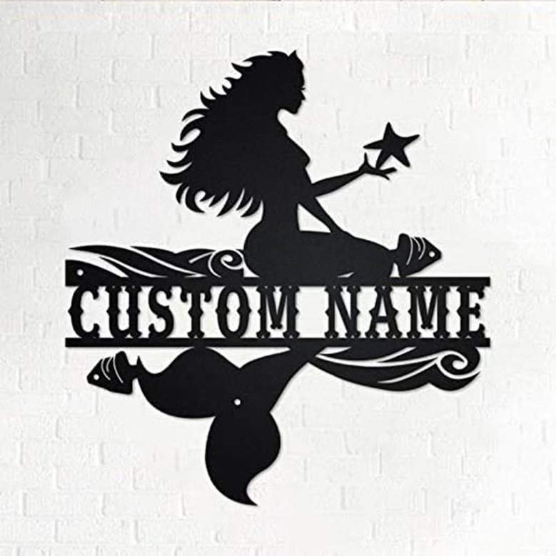 Mermaid Personalized Metal Sign Decorative Last Name Wall Art Gift for Birthday Living Room Fancy Wall Sculptures Decor