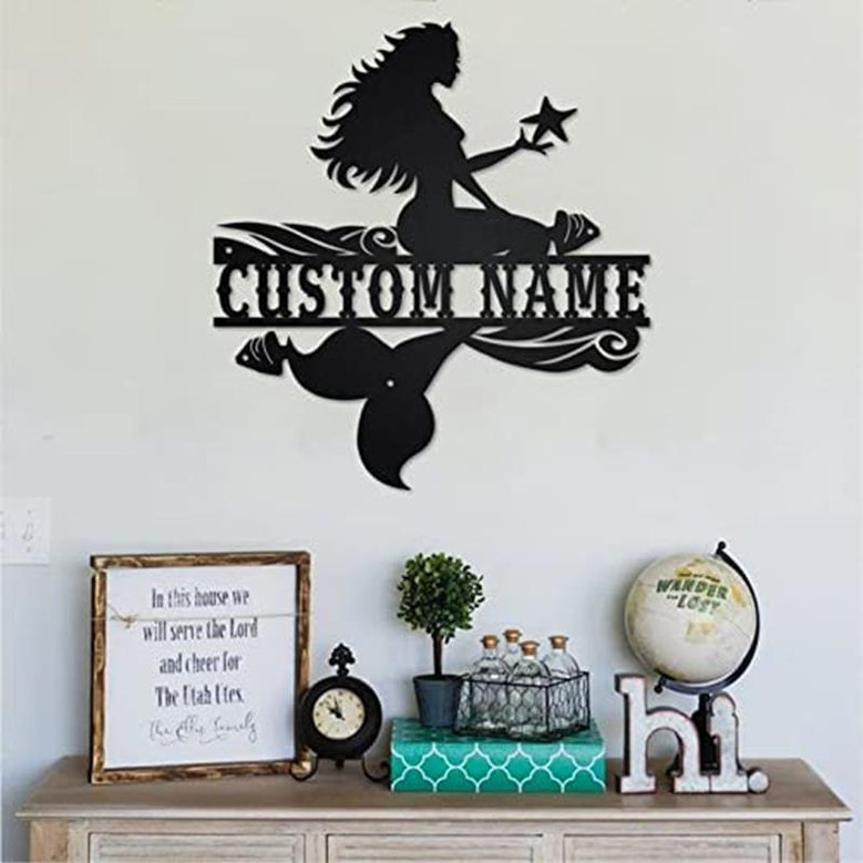 Mermaid Personalized Metal Sign Decorative Last Name Wall Art Gift for Birthday Living Room Fancy Wall Sculptures Decor