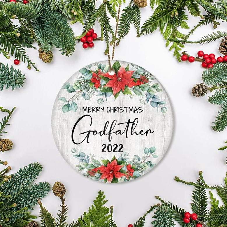 Merry Christmas Godfather 2022 Ornament New Godfather Farmhouse Rustic Gray Wood Deep Red Poinsettia Flower Decoration Christmas Tree Ornament