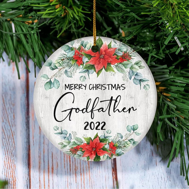 Merry Christmas Godfather 2022 Ornament New Godfather Farmhouse Rustic Gray Wood Deep Red Poinsettia Flower Decoration Christmas Tree Ornament