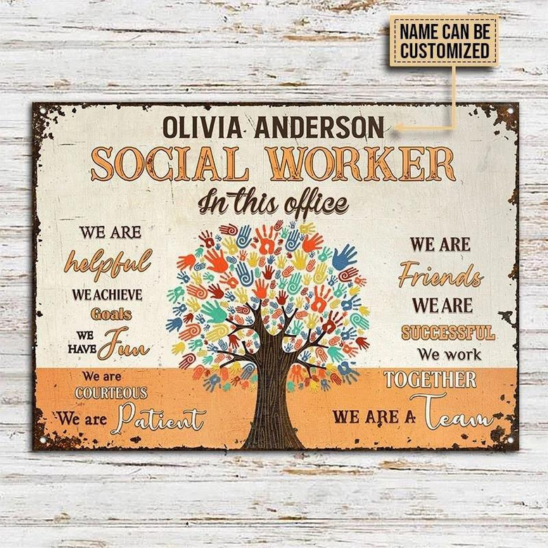 Metal Sign- Beautiful Tree Social Worker In This Office Rectangle Metal Sign Custom Name