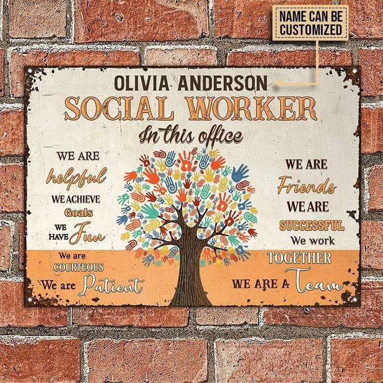 Metal Sign- Beautiful Tree Social Worker In This Office Rectangle Metal Sign Custom Name