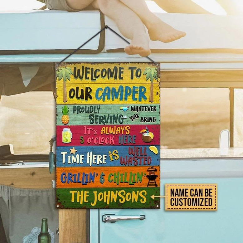 Metal Sign- Colorful Rectangle Welcome To Our Camper Rectangle Metal Sign Custom Name
