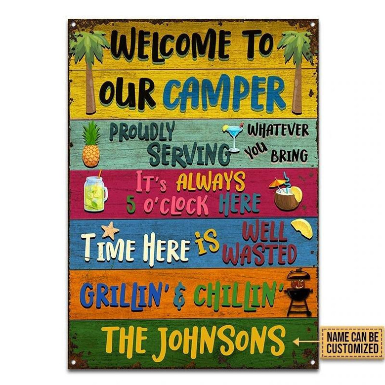 Metal Sign- Colorful Rectangle Welcome To Our Camper Rectangle Metal Sign Custom Name