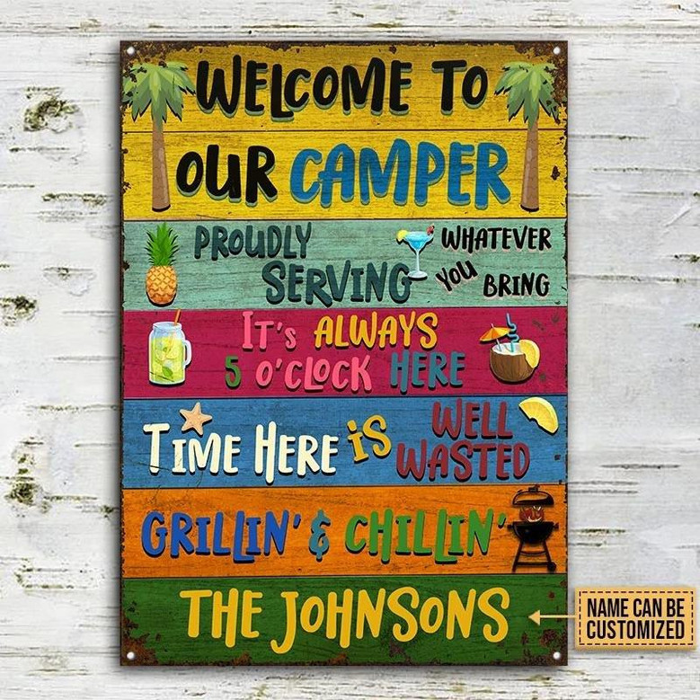 Metal Sign- Colorful Rectangle Welcome To Our Camper Rectangle Metal Sign Custom Name