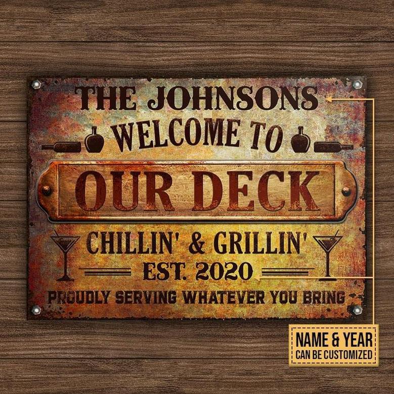 Metal Sign- Deck Proudly Serving Whatever You Bring Rustic Rectangle Metal Sign Custom Name Year