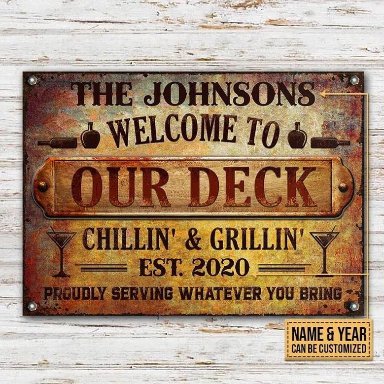 Metal Sign- Deck Proudly Serving Whatever You Bring Rustic Rectangle Metal Sign Custom Name Year