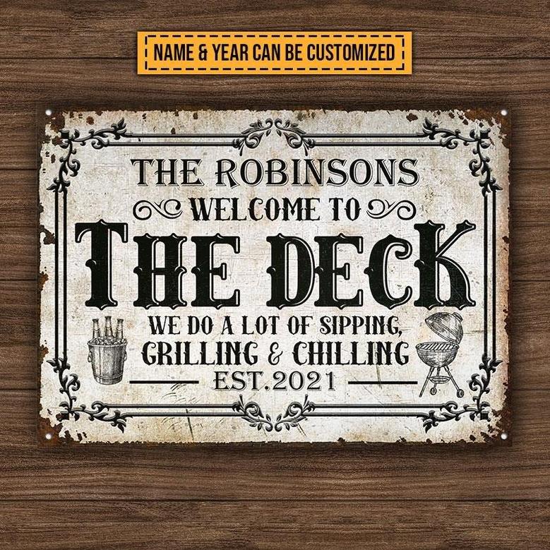 Metal Sign- Deck Sipping Grilling Chilling Black And White Design Rectangle Metal Sign Custom Name Year