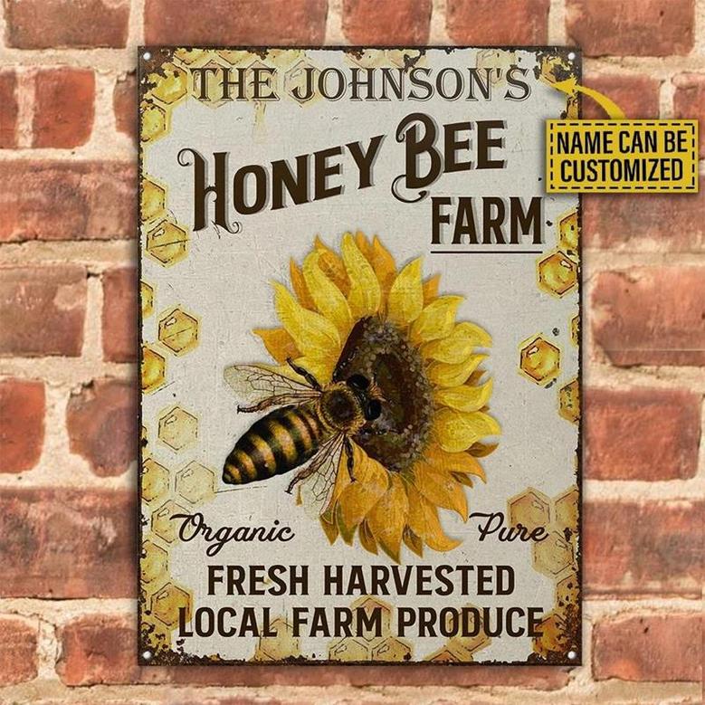 Metal Sign- Honey Bee Farm Organic Bee And Sunflower Rectangle Metal Sign Custom Name