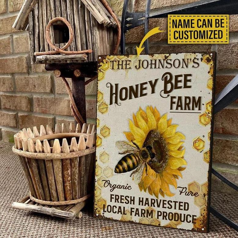 Metal Sign- Honey Bee Farm Organic Bee And Sunflower Rectangle Metal Sign Custom Name