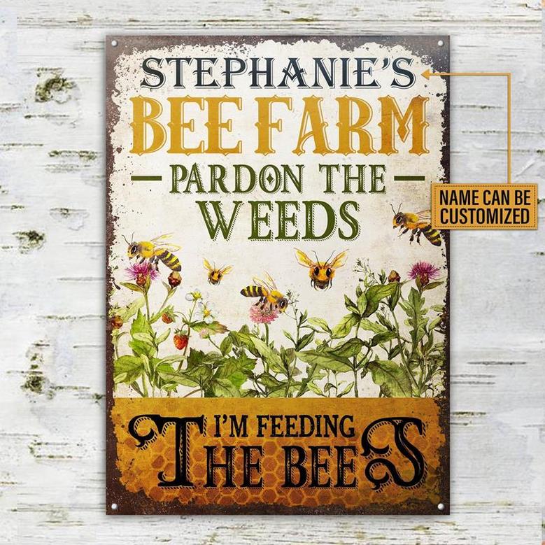 Metal Sign- Lovely Bee Farm Feeding The Bee Custom Name Rectangle Metal Sign