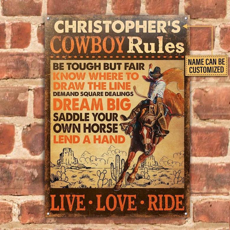 Metal Sign- Man Riding Horse Cowboy Rules Rectangle Metal Sign Custom Name