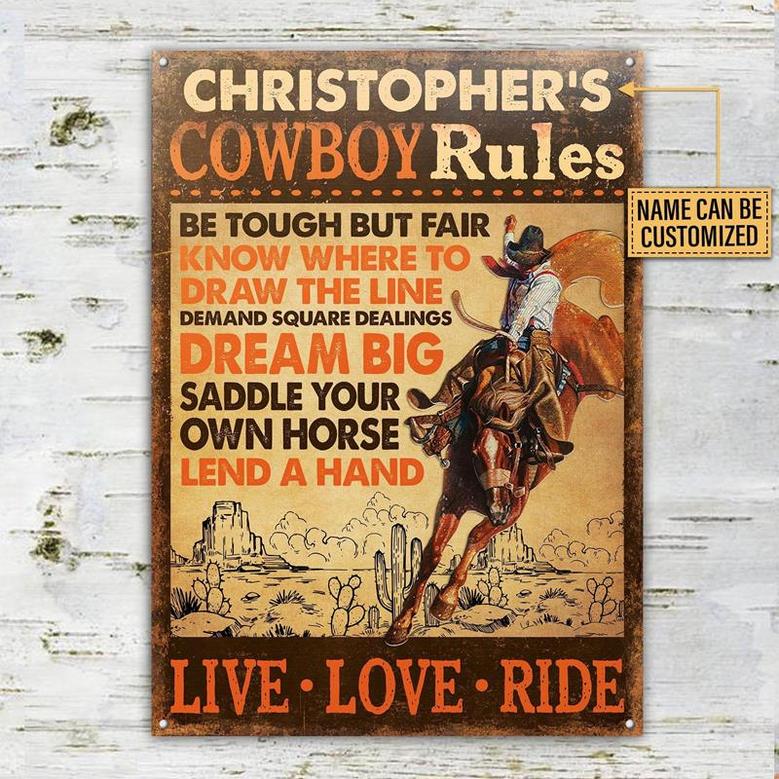 Metal Sign- Man Riding Horse Cowboy Rules Rectangle Metal Sign Custom Name