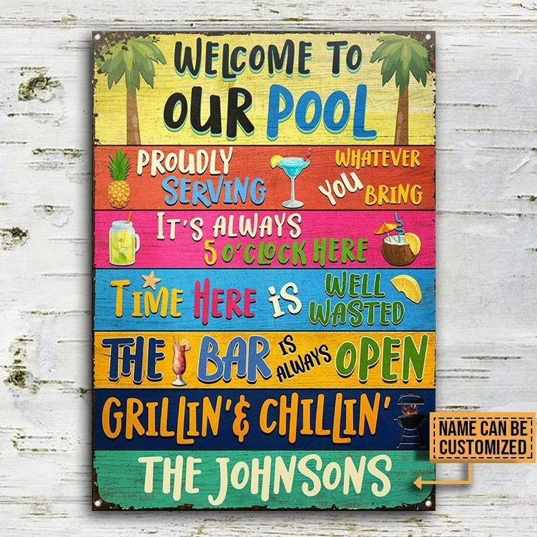 Metal Sign- Swimming Pool Bar Grilling Vertical Rectangle Custom Name Rectangle Metal Sign Pretty Design