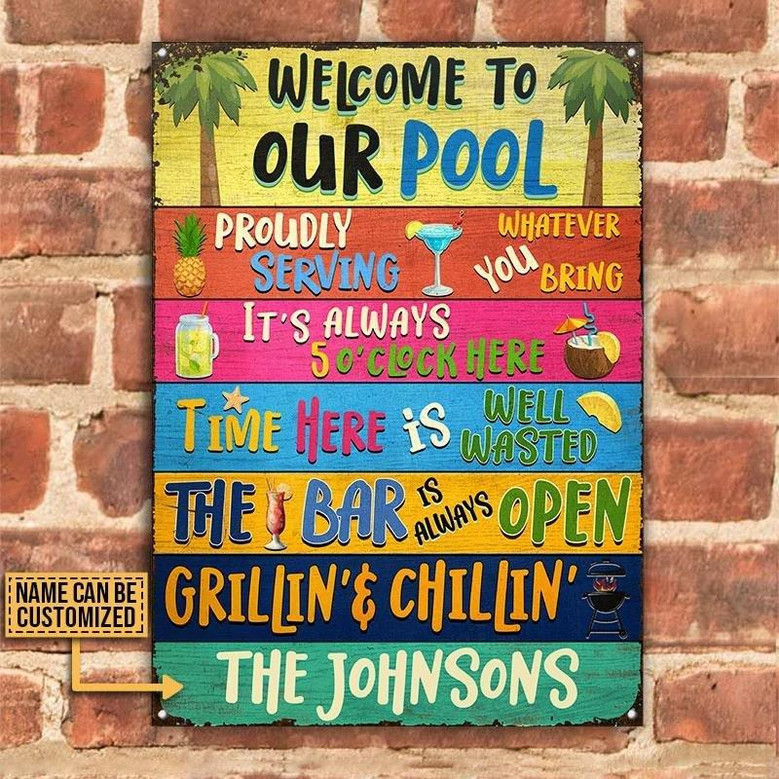 Metal Sign- Swimming Pool Bar Grilling Vertical Rectangle Custom Name Rectangle Metal Sign Pretty Design
