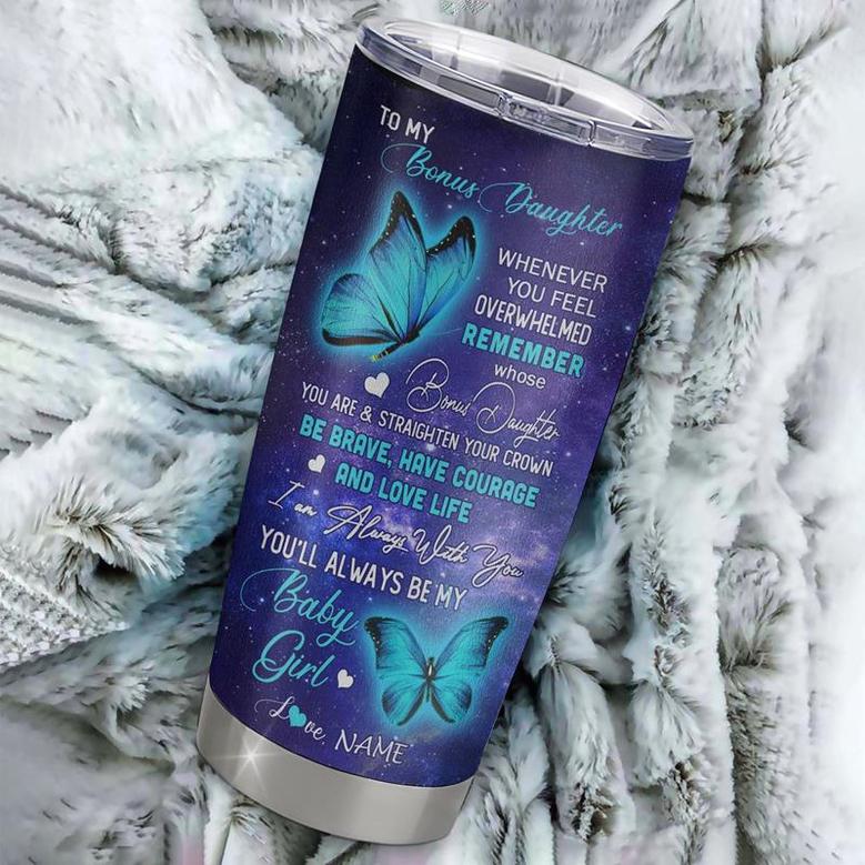 Personalized To My Bonus Daughter From Stepmother Stainless Steel Tumbler Cup Butterfly I Love You To The Moon Stepdaughter Birthday Graduation Christmas Travel Mug