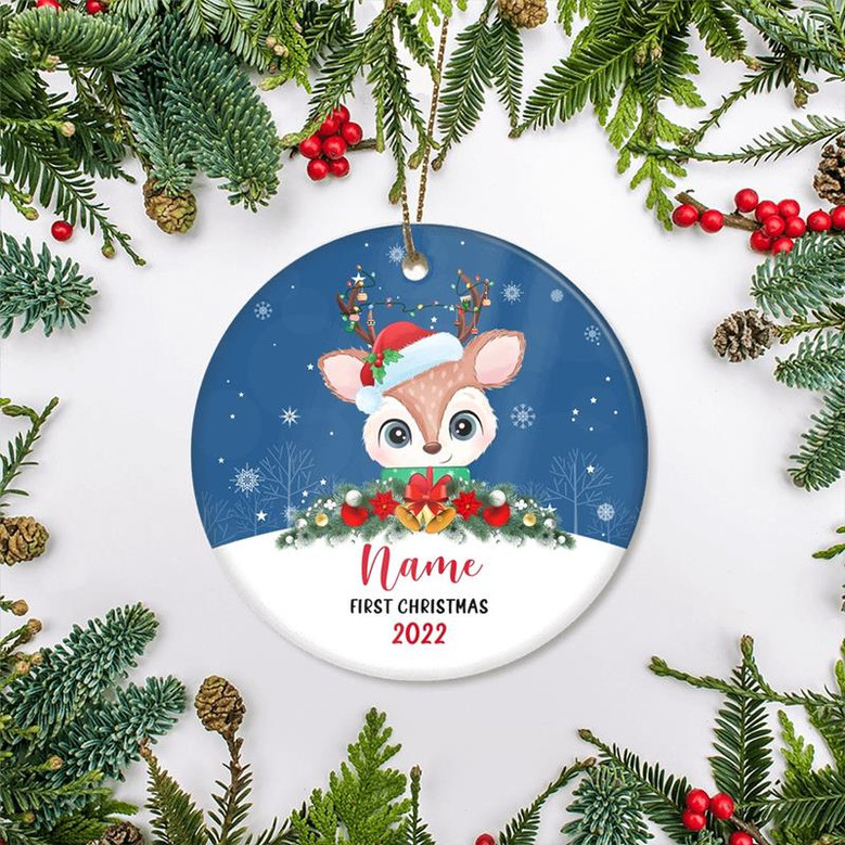 Personalized First Christmas Baby Ornament Custom Baby's Name Cute Deer First Christmas Baby (03) Customized Christmas Tree Ornament