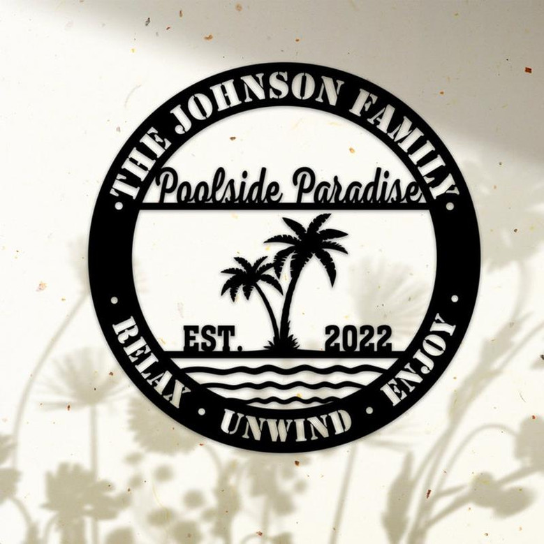 Personalized Poolside Paradise Metal Wall Art, Custom Palm Tree Pool Family Name Metal Sign