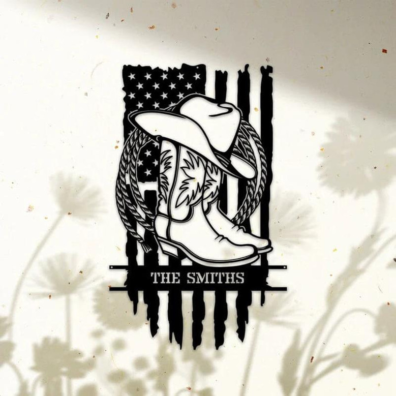 Personalized US Flag Cowboy Boots & Hat Laser Cut Metal Sign, Custom Cowboy Cowgirl Wall Art For Farmhouse, Farm Decor, Cowboy Gift